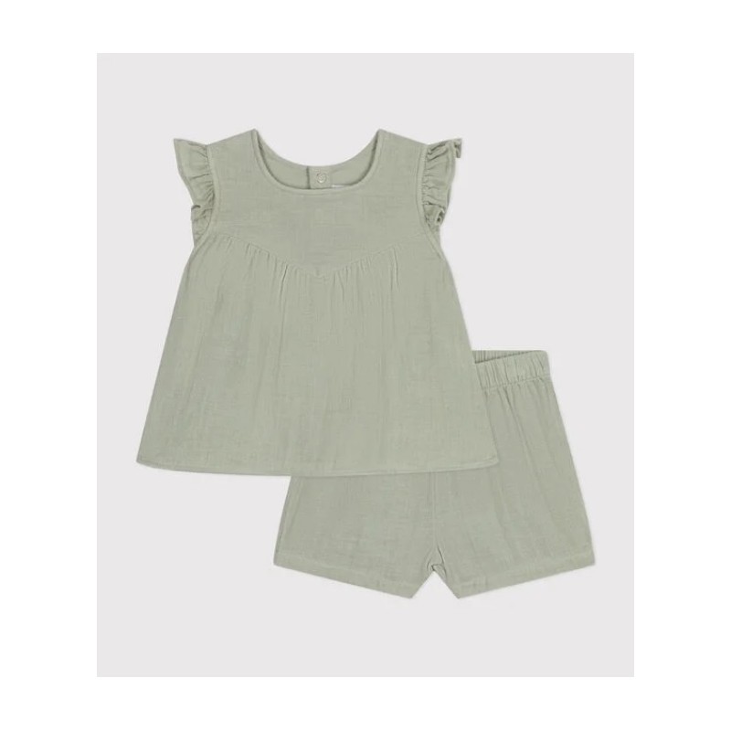 PETIT BATEAU Ensemble blouse et short en gaz de coton, vert